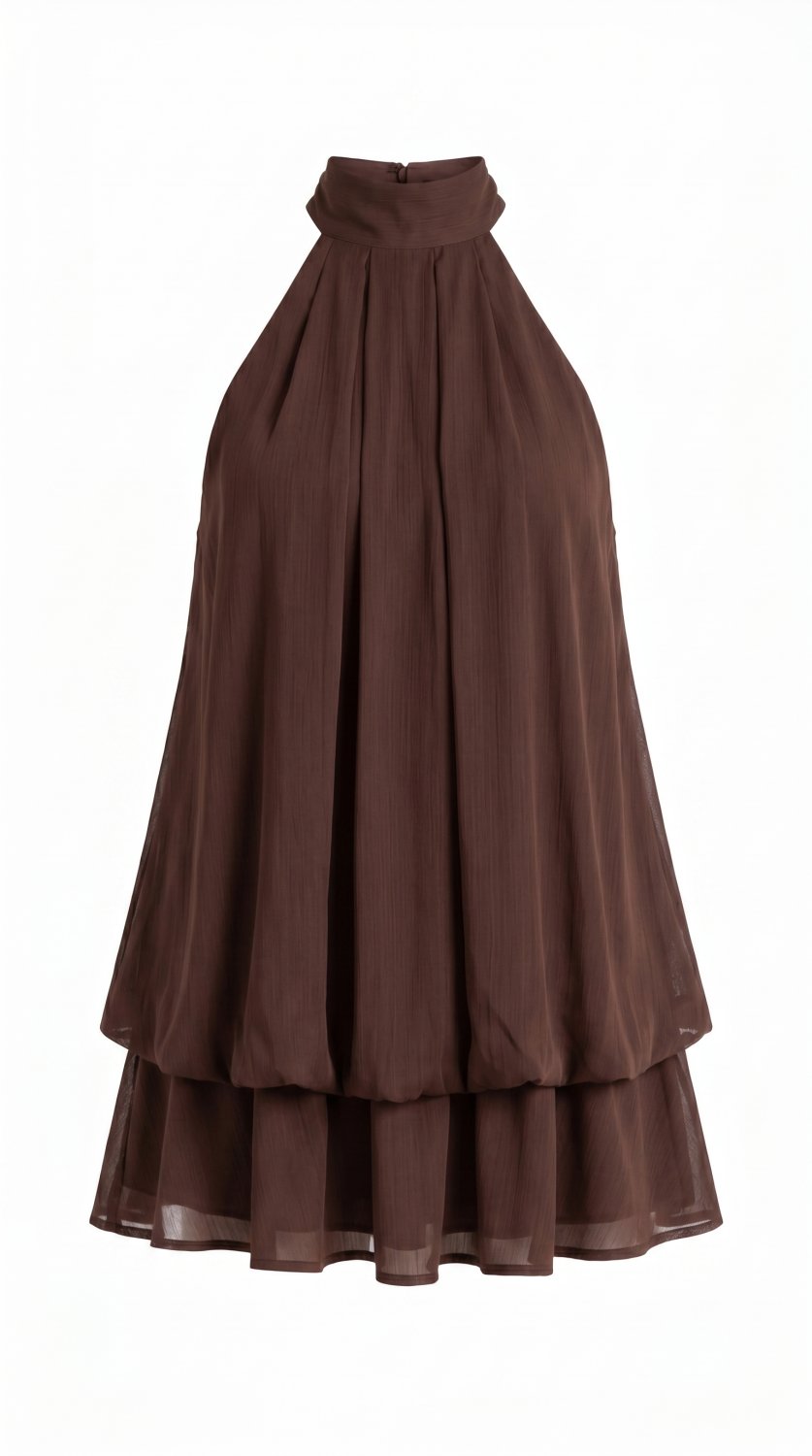 Robe Mini Élégante Femme Col Halter Sans Manches Volantée Superposée en Mousseline, Robe pour Vacanc