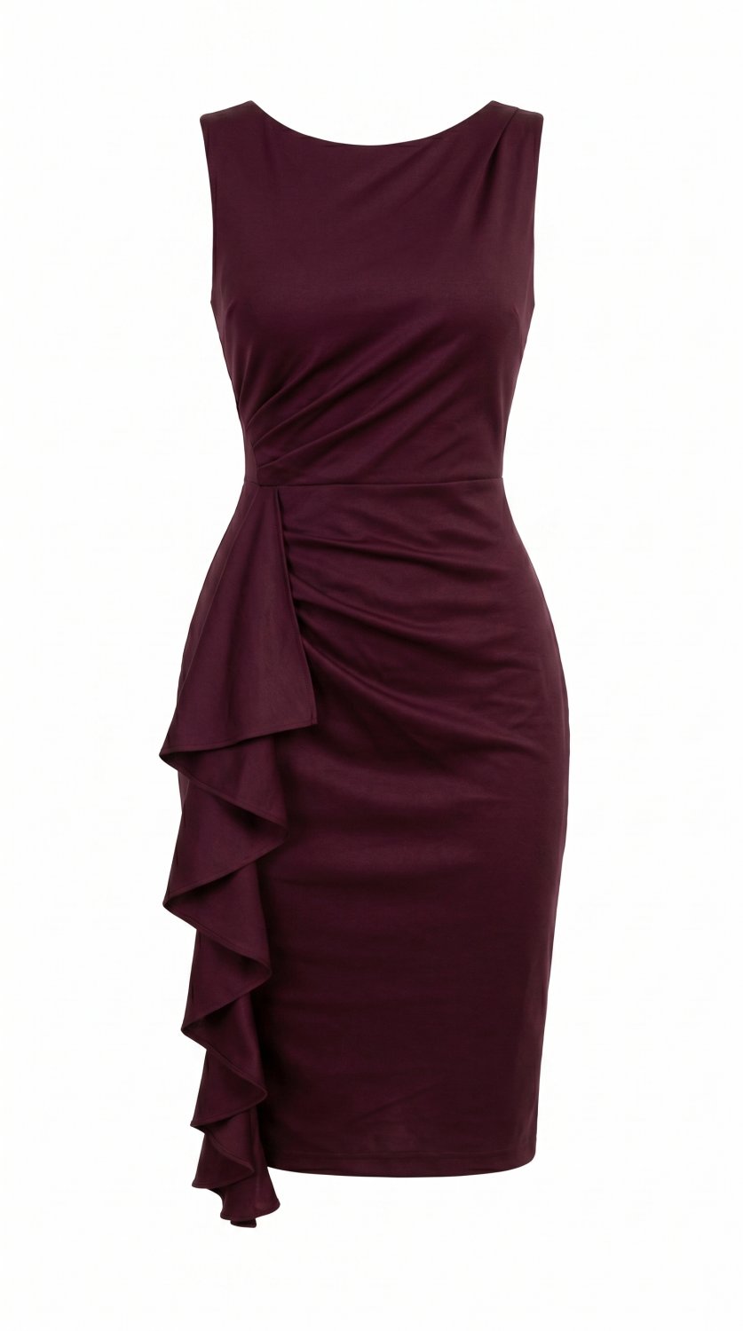Raffiniertes Bodycon-Bleistiftkleid mit Rundhalsausschnitt, ärmellosem Design und eleganten Rüschend