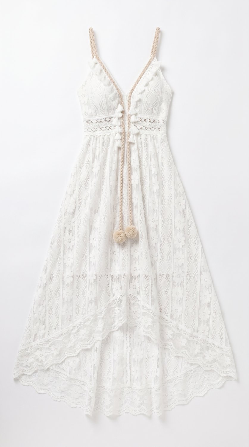 Elegante vestido maxi sem mangas com decote em V, detalhes delicados em renda, design fluido com bab