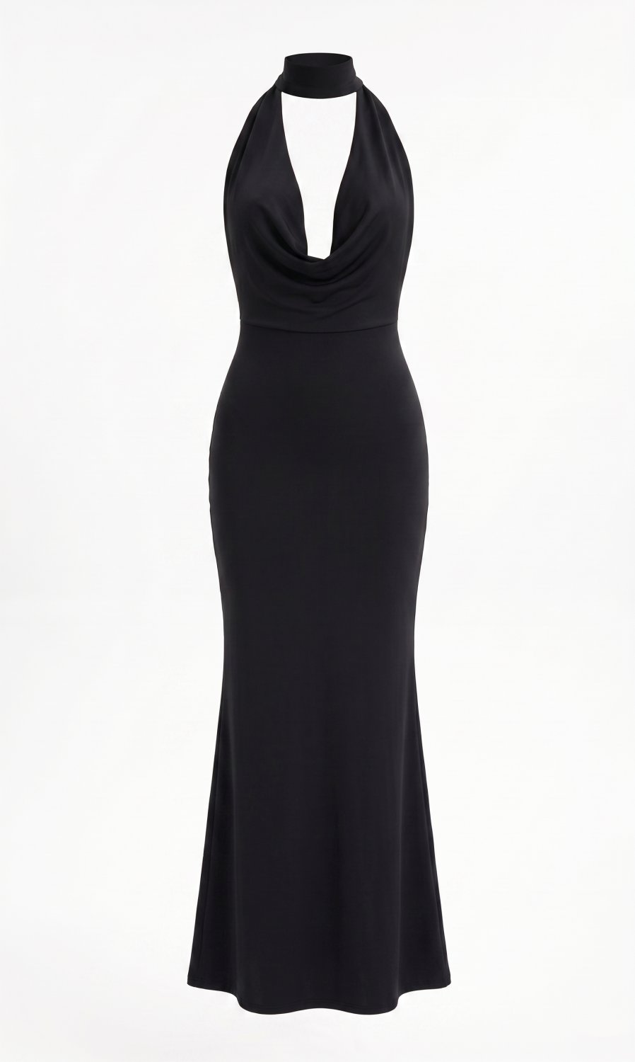 Elegantes figurbetontes Maxikleid mit Neckholder-V-Ausschnitt, rückenfreiem Design, Knopfakzenten un