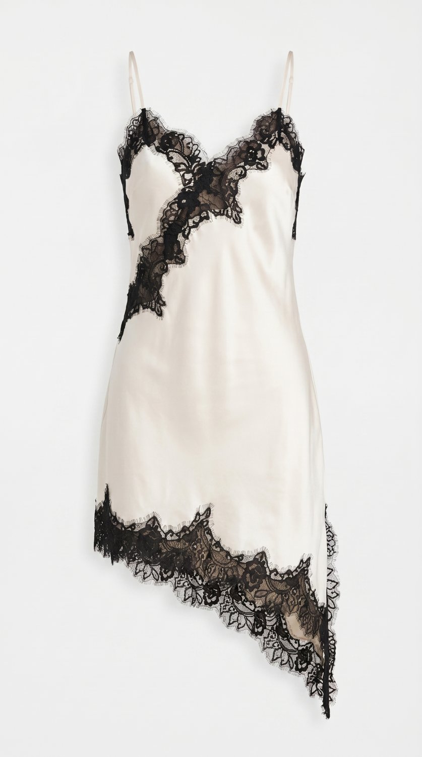 Vestido slip midi chique e elegante com detalhes delicados em renda, bainha assimétrica, design sem 