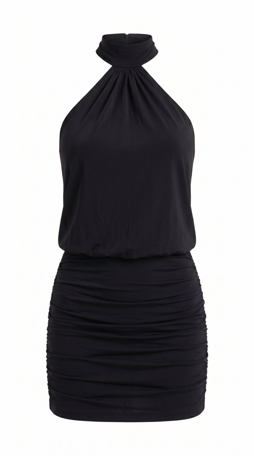 Sexy and elegant mini dress featuring a halter neckline, sleeveless design, lace-up backless detail,