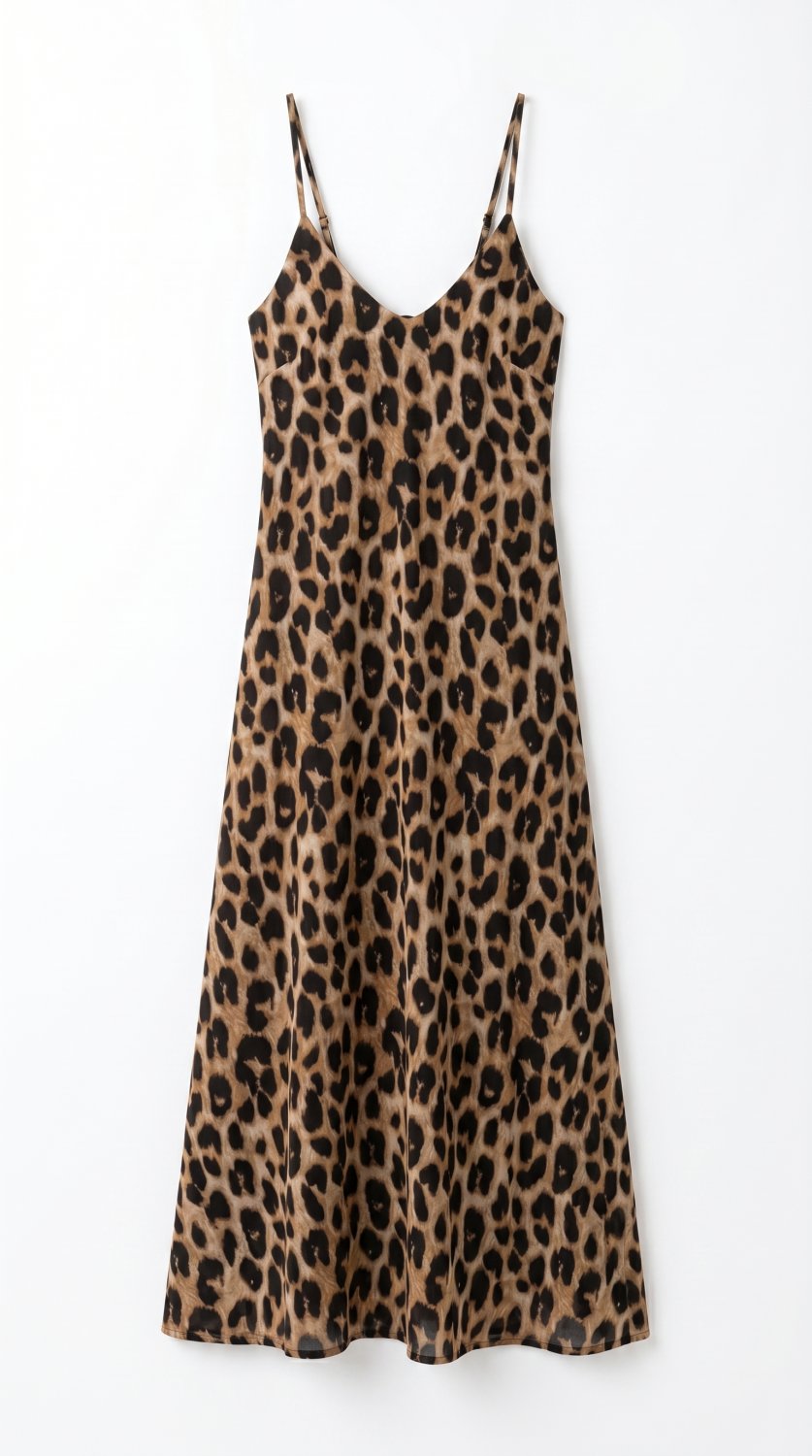 Vestido de verão fashionável com estampa de leopardo na moda, alças espaguete, design sem costas e c