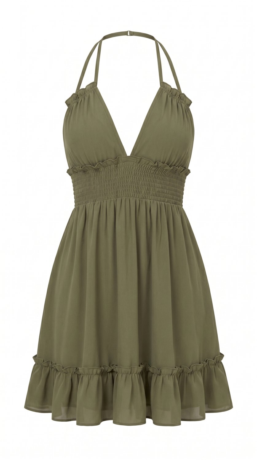 Sexy and elegant dress featuring a deep V-neckline, open-back design, and flattering ruched details.