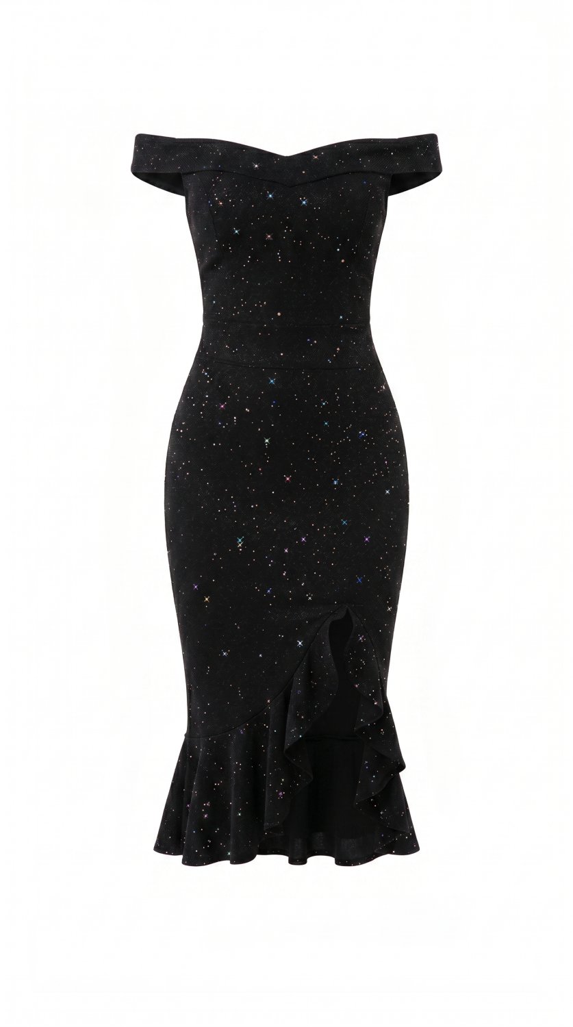 Vestido de festa glamouroso com decote ombro a ombro, detalhes de lantejoulas brilhantes, acentos de