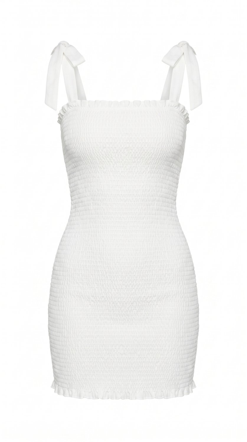 Vestido mini de verão na moda com design ombro a ombro, estilo de cor sólida, silhueta slim sheath e