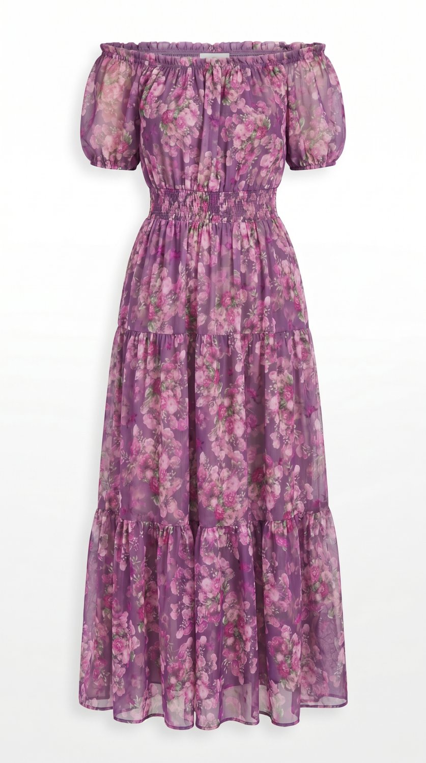 Confortável e elegante vestido maxi com estampa floral, mistura macia de algodão e linho, mangas cur