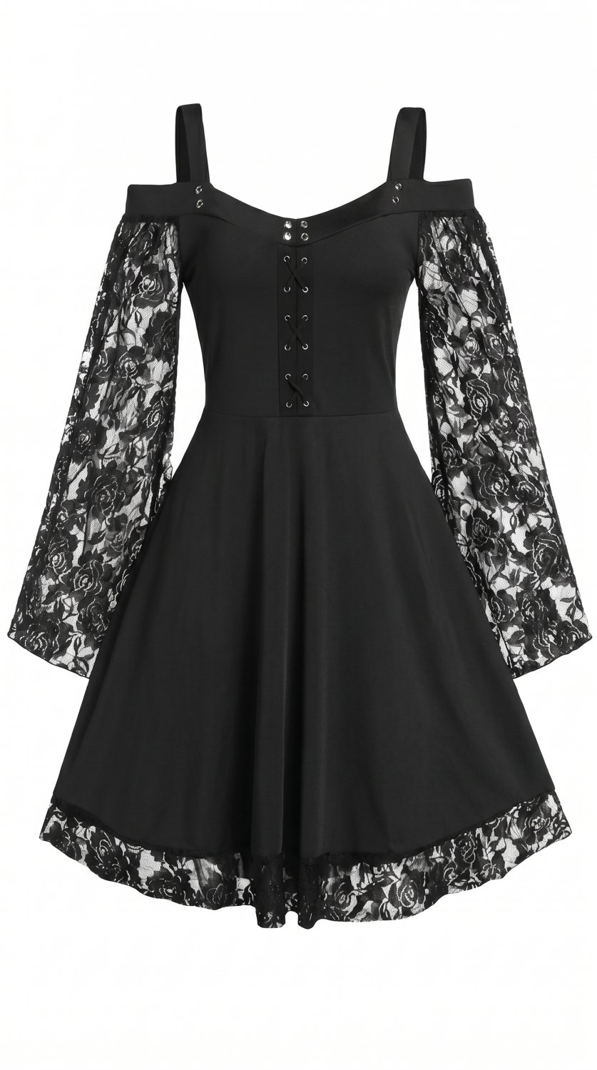 Vintage-inspiriertes Gothic-Kleid mit Ein-Schulter-Design, zarter Spitzenstickerei, dramatischen aus
