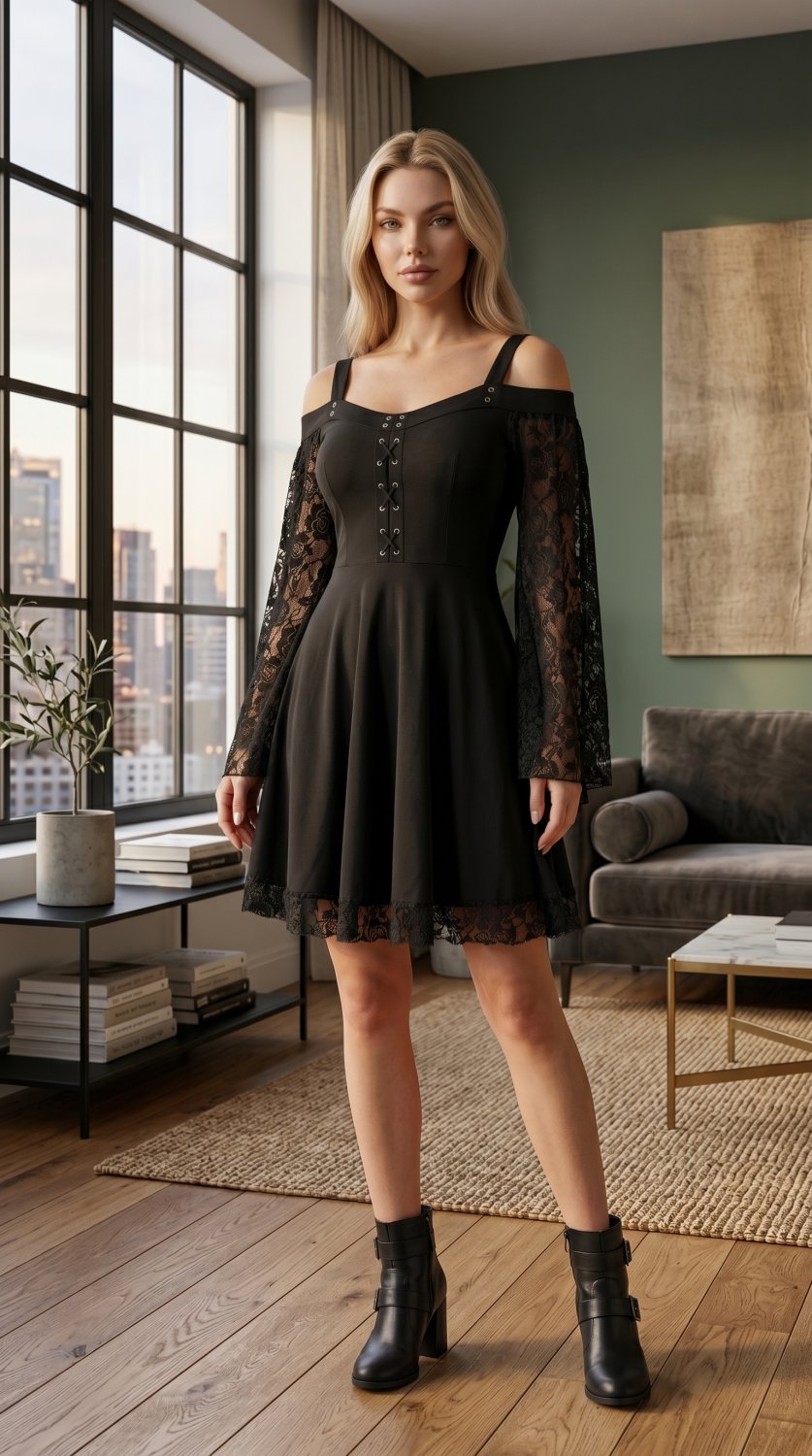 Vintage-inspiriertes Gothic-Kleid mit Ein-Schulter-Design, zarter Spitzenstickerei, dramatischen aus