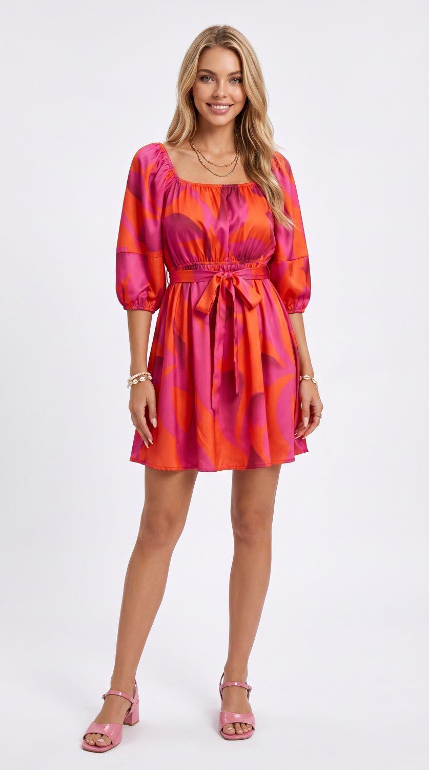 Vestido corto chic y elegante en un vibrante tono naranja, con una silueta favorecedora y diseño lig