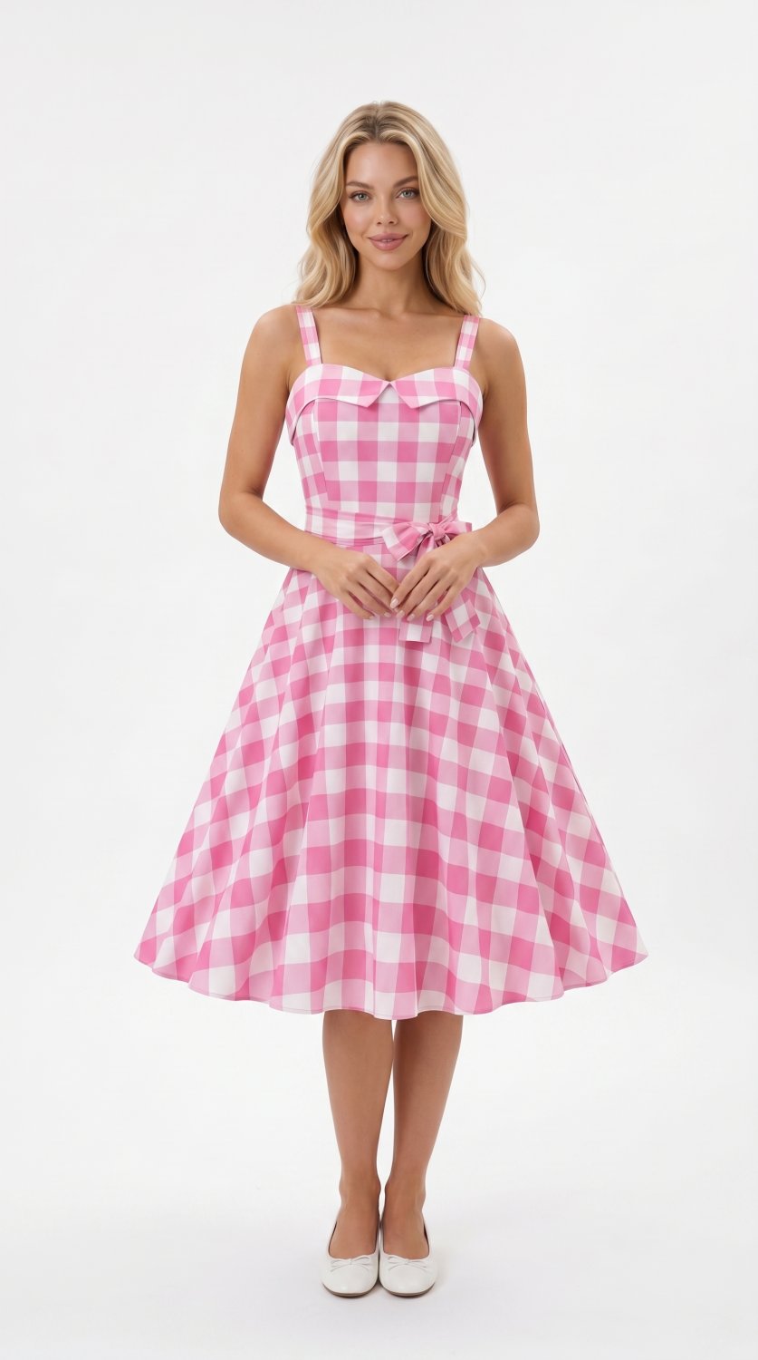 Charming vintage-inspired dress featuring spaghetti straps, a classic pink plaid pattern, and a flat