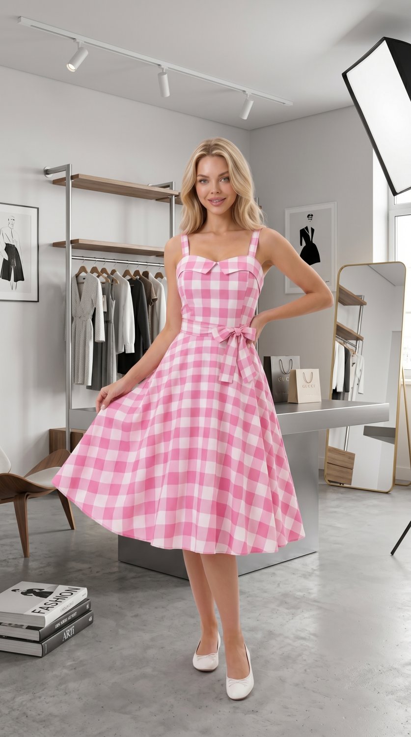 Charming vintage-inspired dress featuring spaghetti straps, a classic pink plaid pattern, and a flat