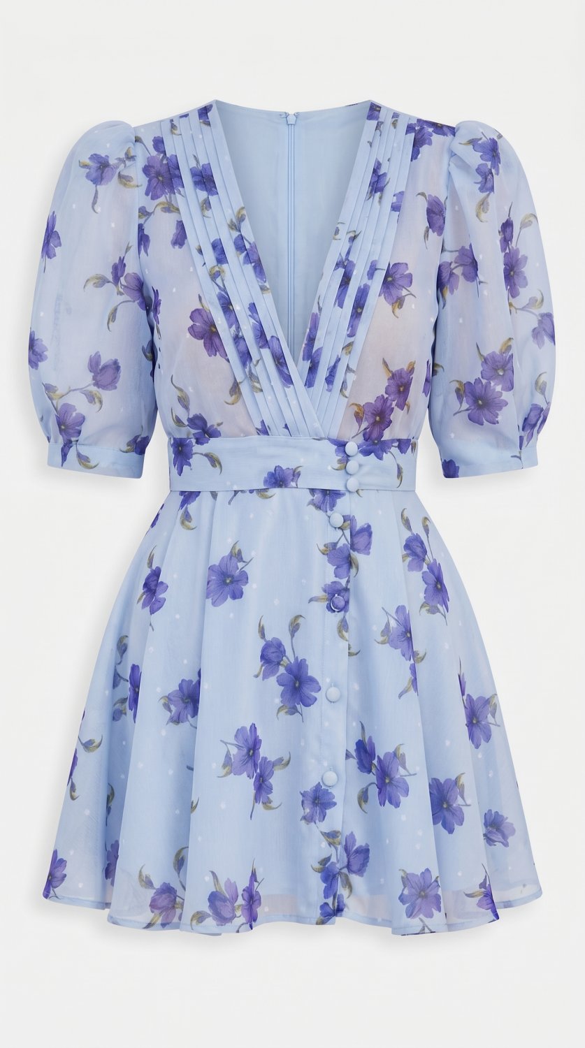 Vestido mini elegante con un estampado moderno, escote en V profundo, mangas cortas y una silueta fa