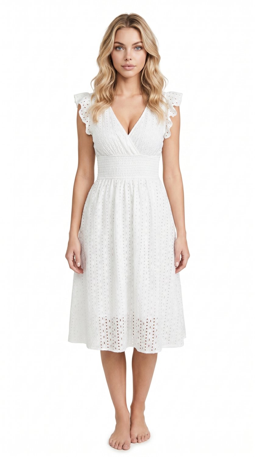 Lightweight summer beach dress featuring a flattering V-neckline, flare sleeves, solid-color design,