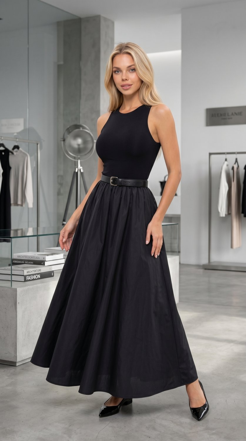 Vestido sofisticado de color sólido con silueta de ajuste slim, diseño sin mangas y falda abullonada