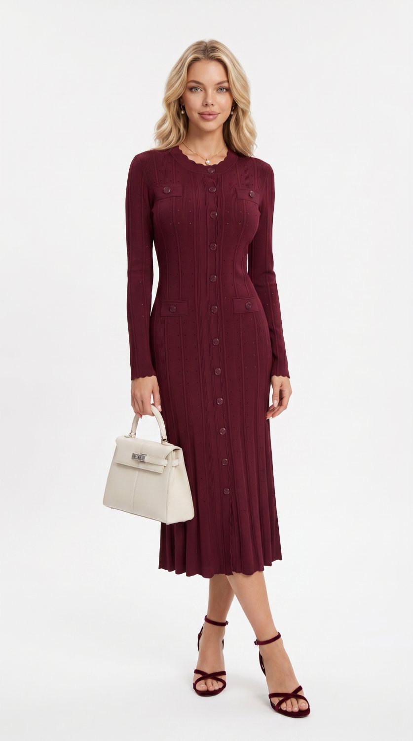 Una sofisticada imagen de moda que presenta un vestido midi de punto borgoña con botones frontales c