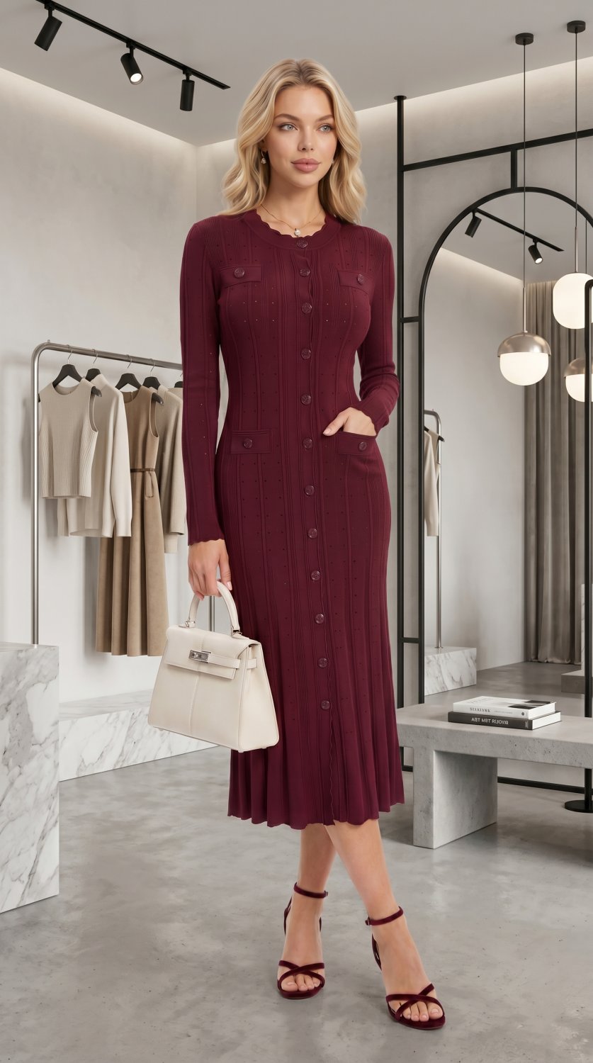 Una sofisticada imagen de moda que presenta un vestido midi de punto borgoña con botones frontales c