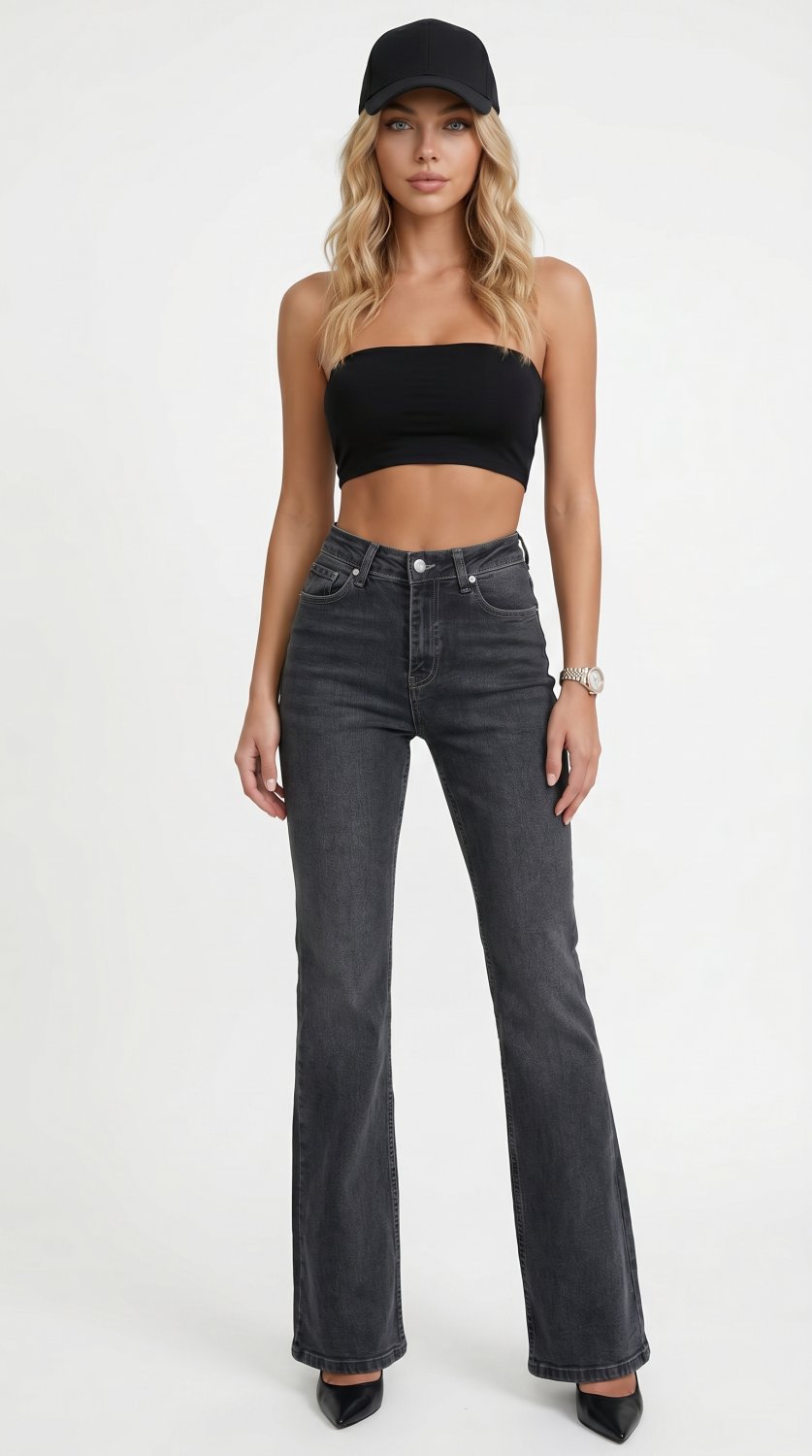A stylish and versatile ensemble featuring vintage-inspired bootcut jeans, a seamless strapless band
