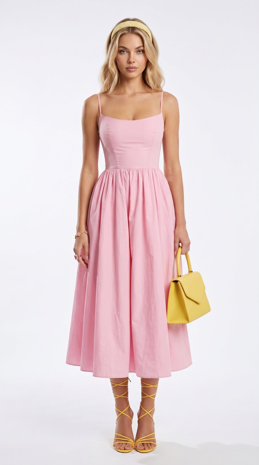 A refined and feminine outfit featuring a sleeveless pleated midi dress, ultra-high heel strappy san
