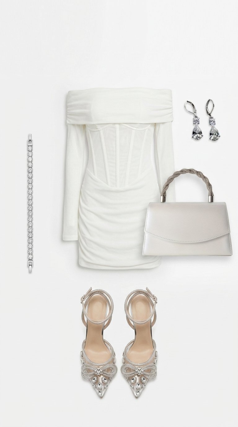A bold and sophisticated outfit featuring an off-shoulder bodycon mini dress, rhinestone bow stilett