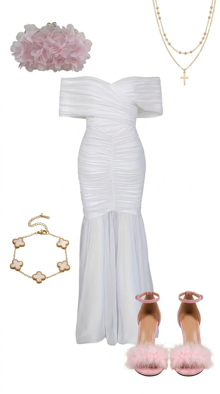An elegant and feminine evening look featuring a ruched off-shoulder mermaid gown, layered gold jewe
