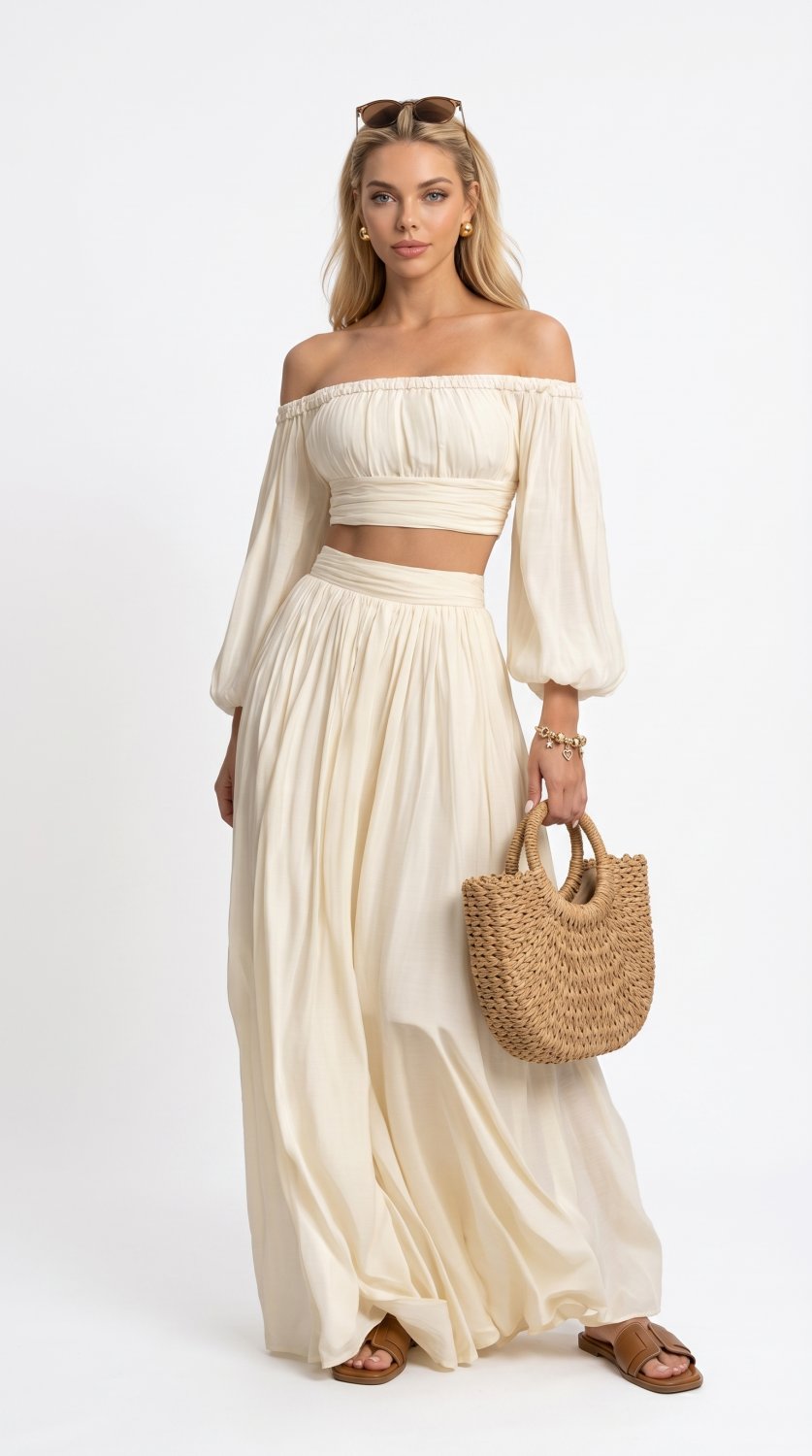 Elegante sin esfuerzo y lista para las vacaciones, este soñador conjunto de dos piezas en marfil cap