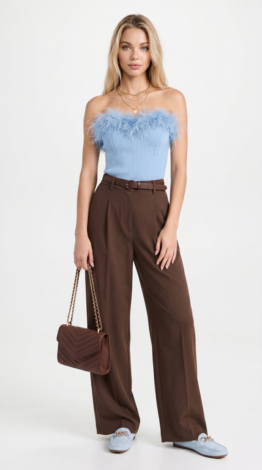 A sophisticated blend of soft femininity and modern tailoring, this fashion-forward ensemble pairs a