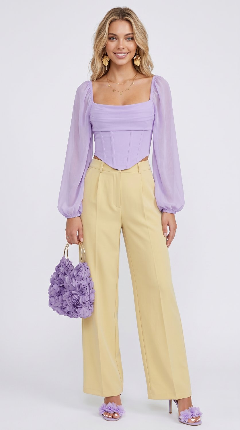 Erhöhen Sie Ihre Garderobe mit dem Lavendelblüte Korsett-Bluse & Weitbein-Hosen-Set, einem anspruchs
