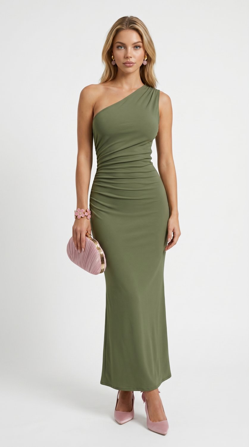 Make a sophisticated statement with the Olive Grace One-Shoulder Ruched Maxi Dress, a timeless desig
