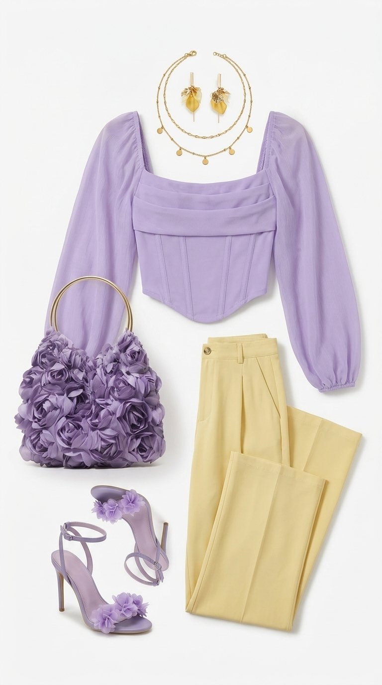 Conjunto Blusa Corset Flor de Lavanda e Calça Pantalona
