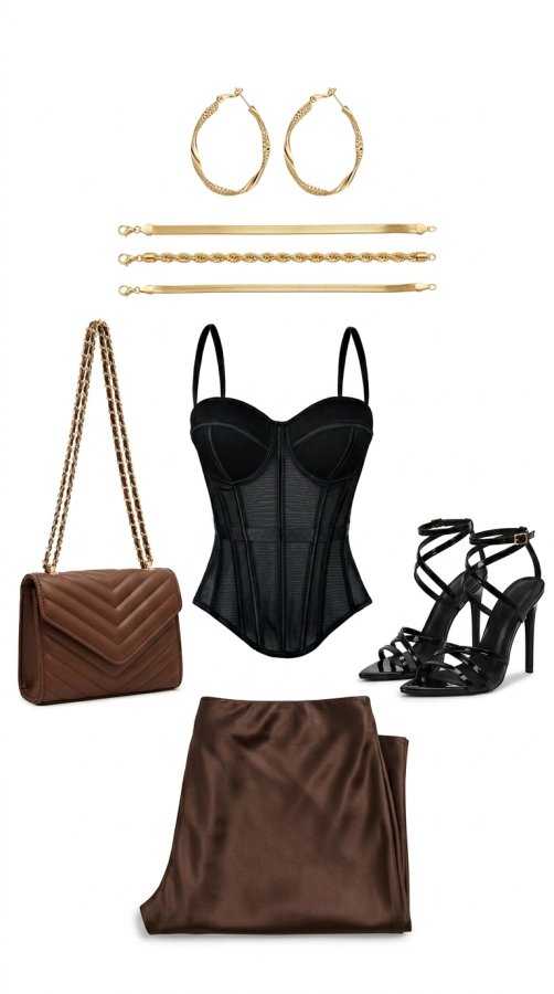 Conjunto Elegante de Corset e Saia Midi de Cetim para Mulheres