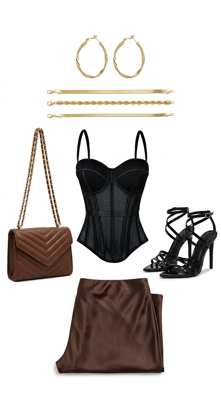 Ensemble Corset Élégant et Jupe Midi en Satin pour Femme