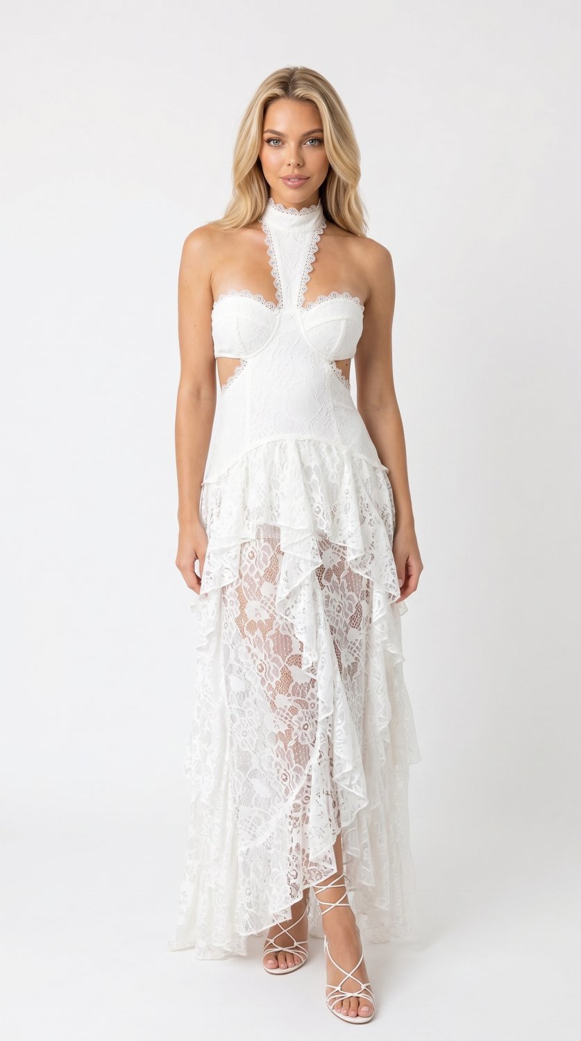 Vestido Branco Sexy de Renda Patchwork