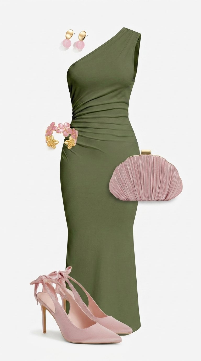 Vestido Maxi Fruncido de un Hombro Olive Grace