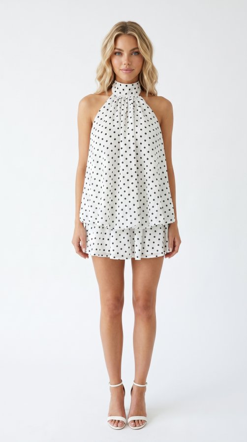 Vestido Mini Halter de Bolinhas Branco Preto para Mulheres