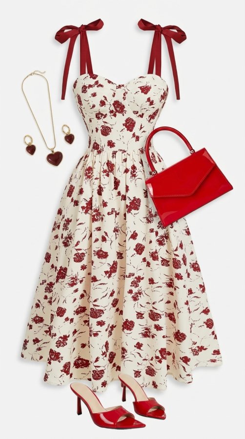 Women's Romantic Floral Midi Dress Ensemble